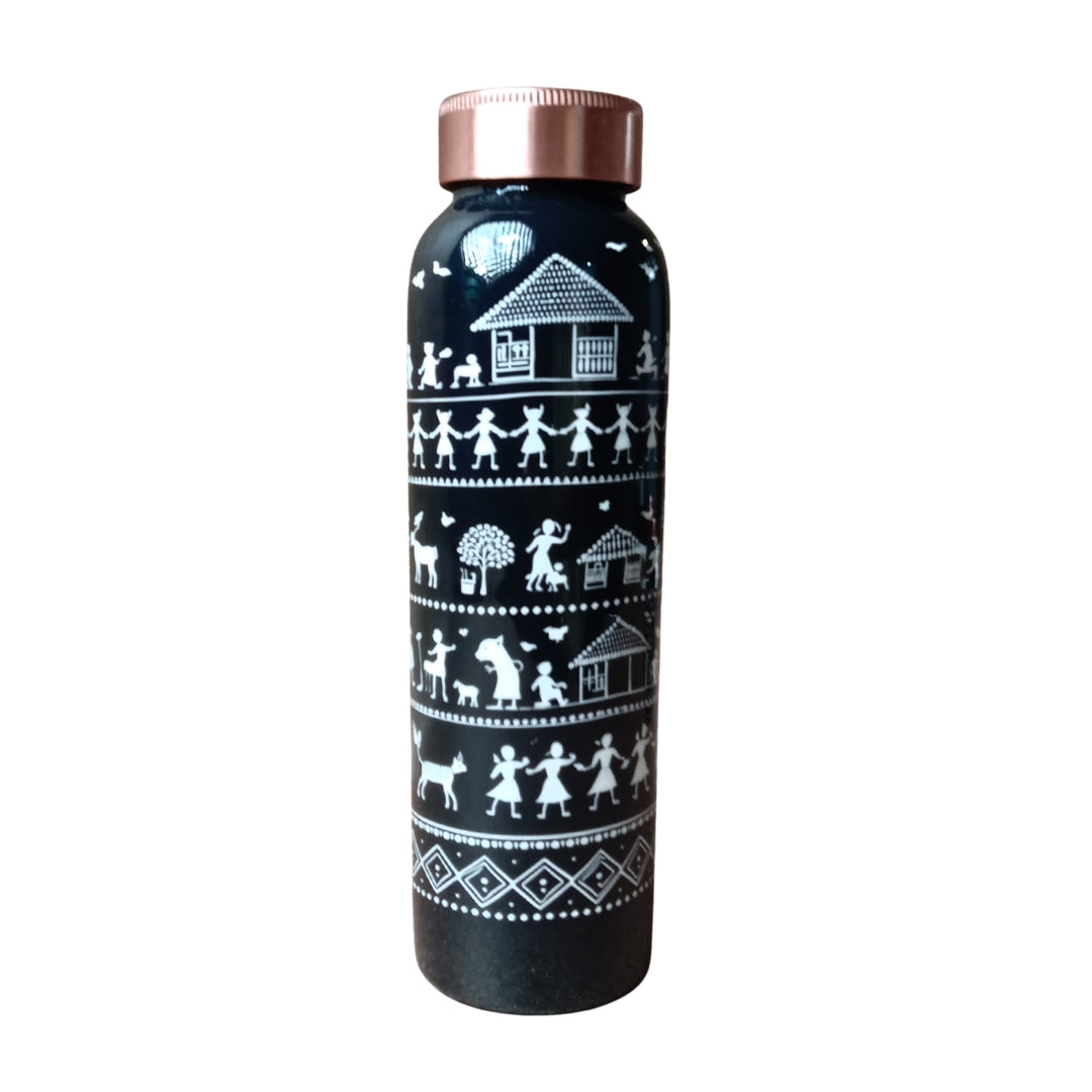 Handcrafted Copper Bottle and 2 Glass Set with Enamel Warli Print