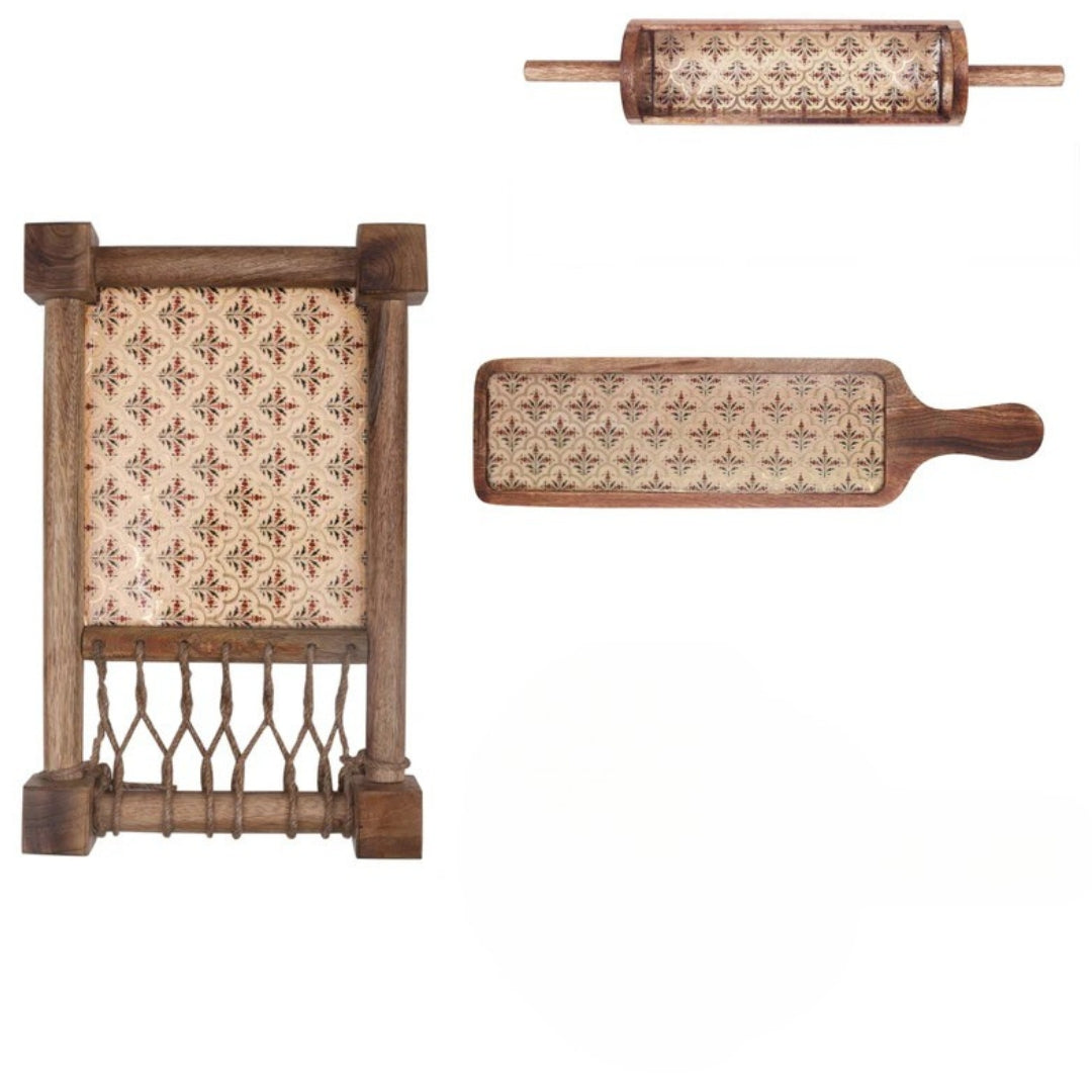 peach mughal print & enameled Wooden Khatiya Platter Set of 3 - khatiya platter , belan platter , bat platter