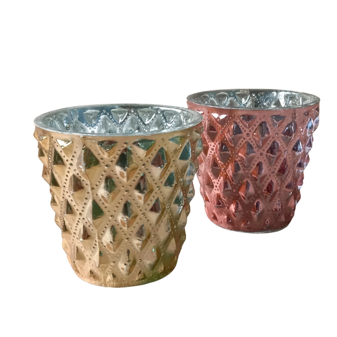 Set of 2 Gold & Copper Diamond-Cut Glass Tea Light Votive Holders