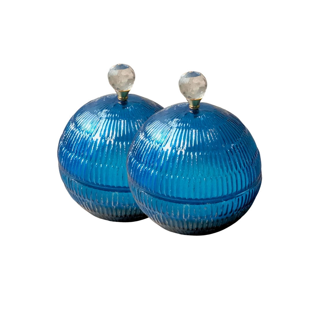 Set of 2 Small Blue Glass Ball-Shaped Scented Candles with Gold Bow Lids