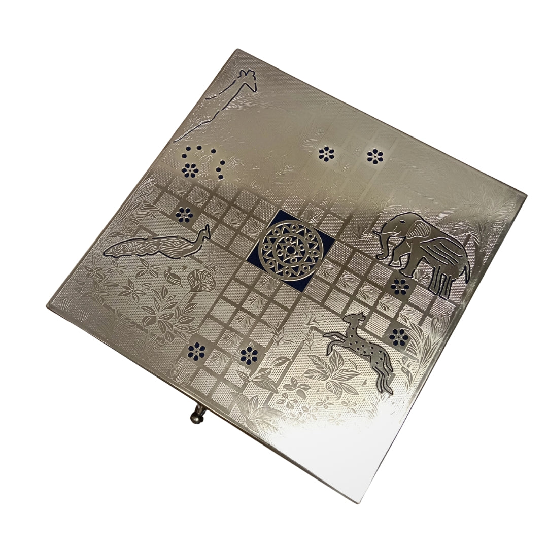 Luxury Silver Plated Ludo Board Game Set with Metal Pawns & Velvet Storage Box