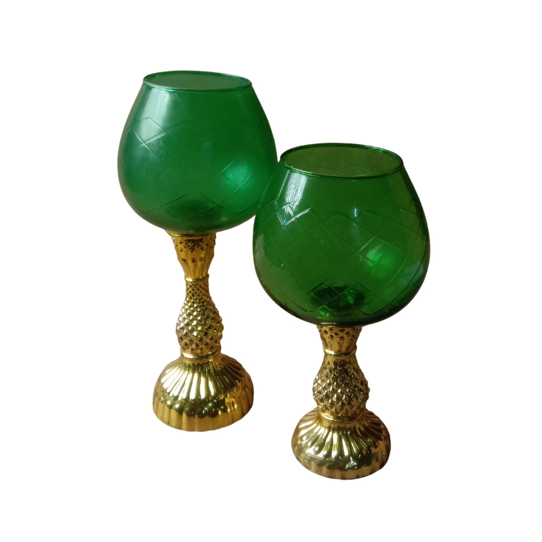 Green Glass Chalice Candle Holders - Elegant Set of 2 (Large & Small)