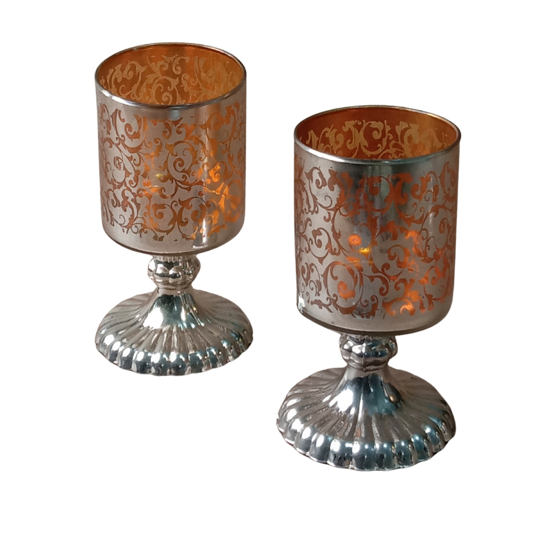 Set of 2 Yellow Etched Glass Votive Tea Light Holders