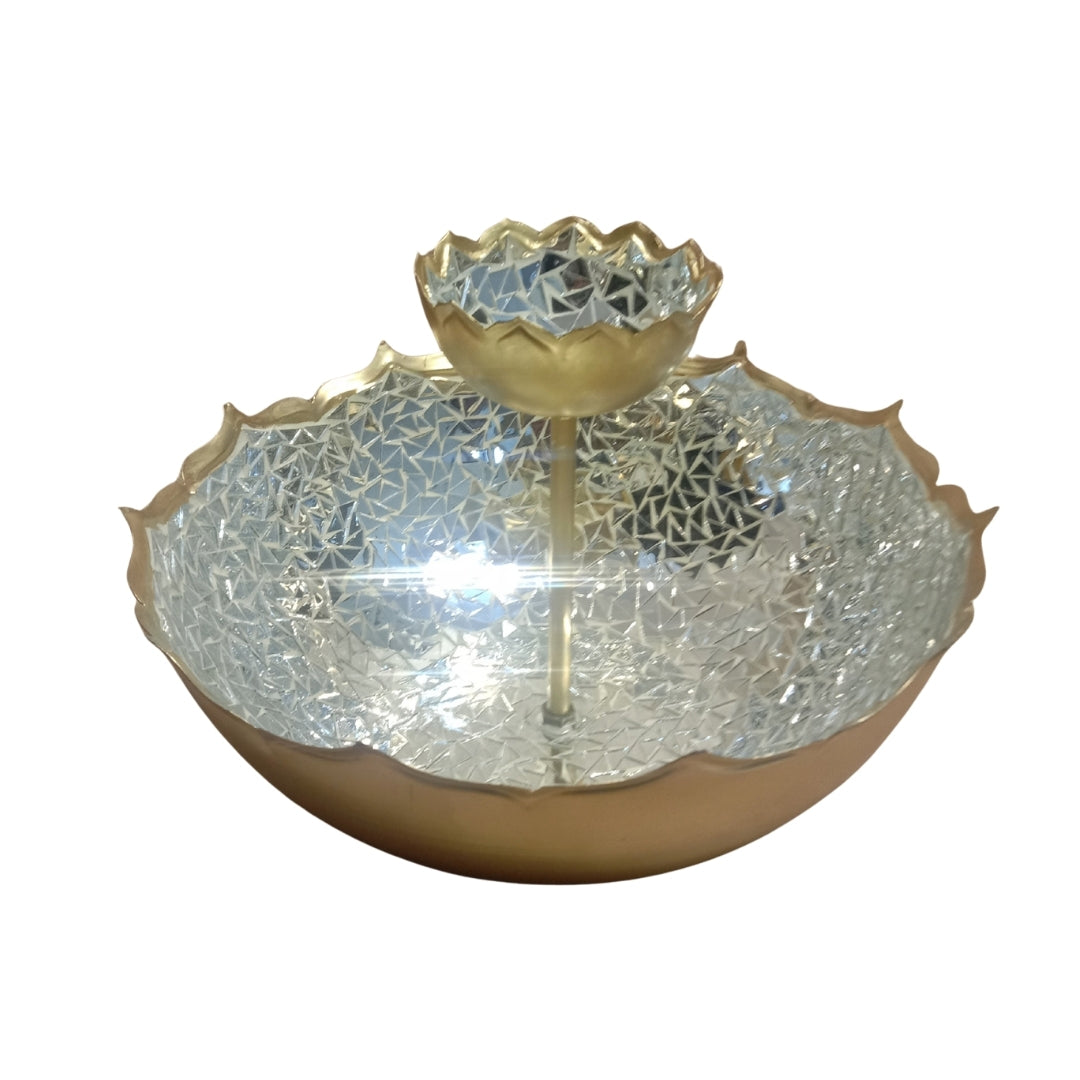 metal 2 tier urli with silver mosaic chips and lacquered-12"