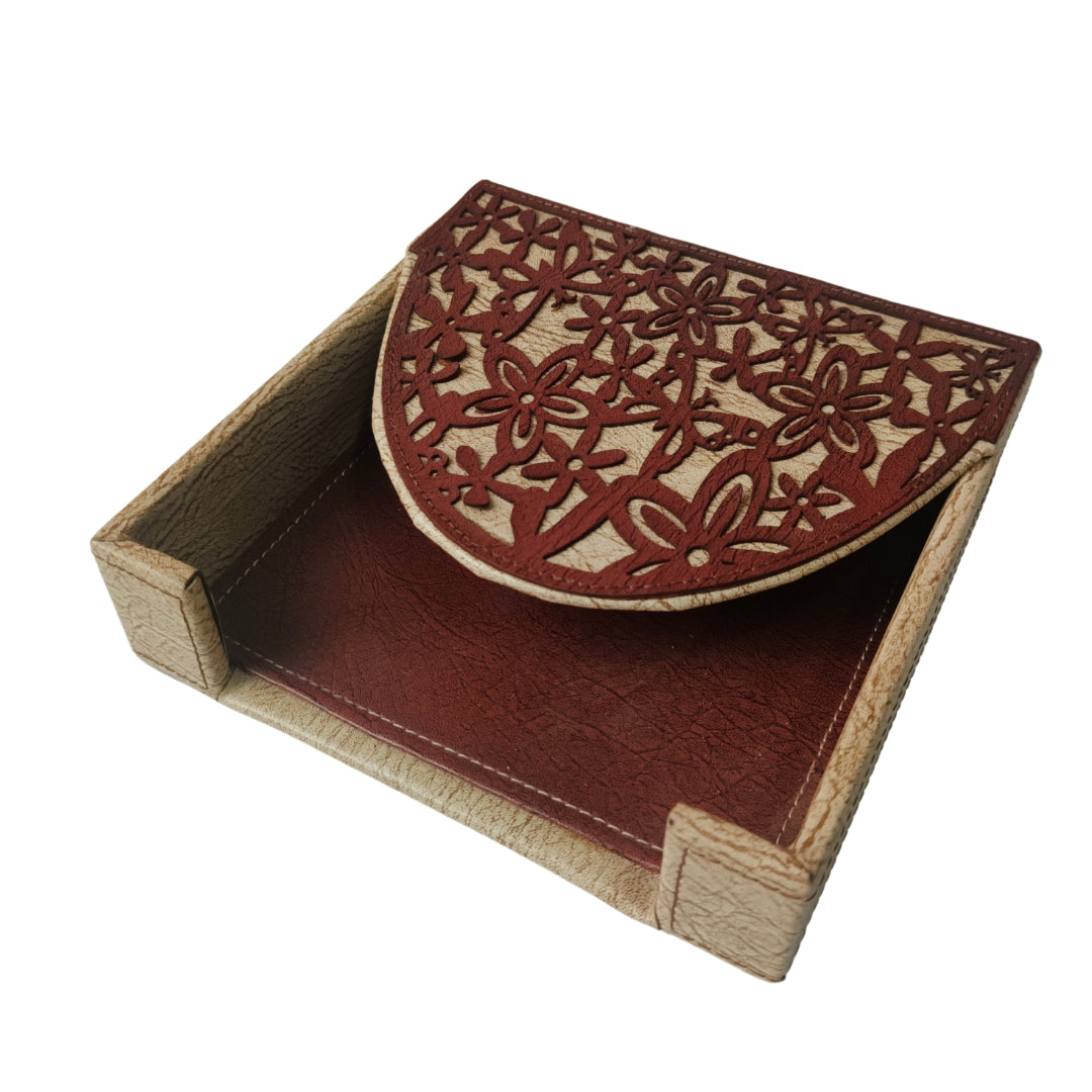 Square tissueholder - Leatherette Brown Floral Cut Design