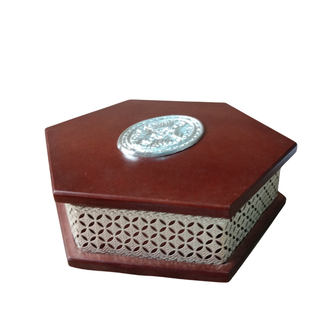 Hexagonal Wooden Silver-Plated Mithai Box