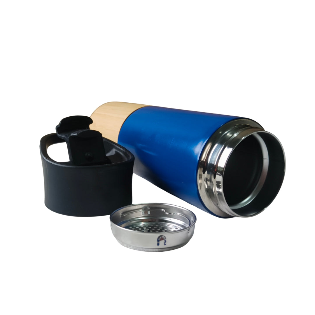 Blue Stainless Steel Sipper With Bamboo Base