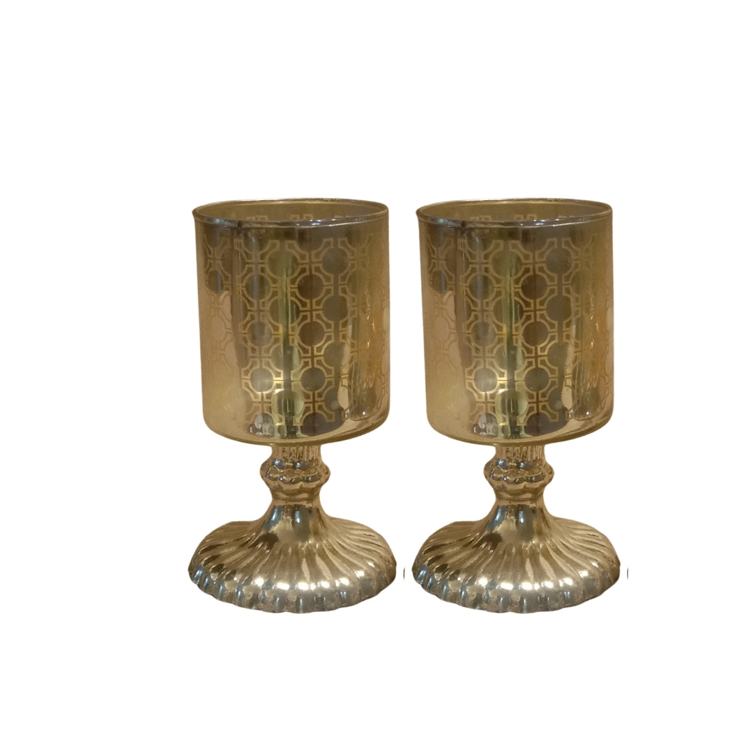 Set of 2 silver Mosaic Etched Glass Pedestal Tea Light Holders
