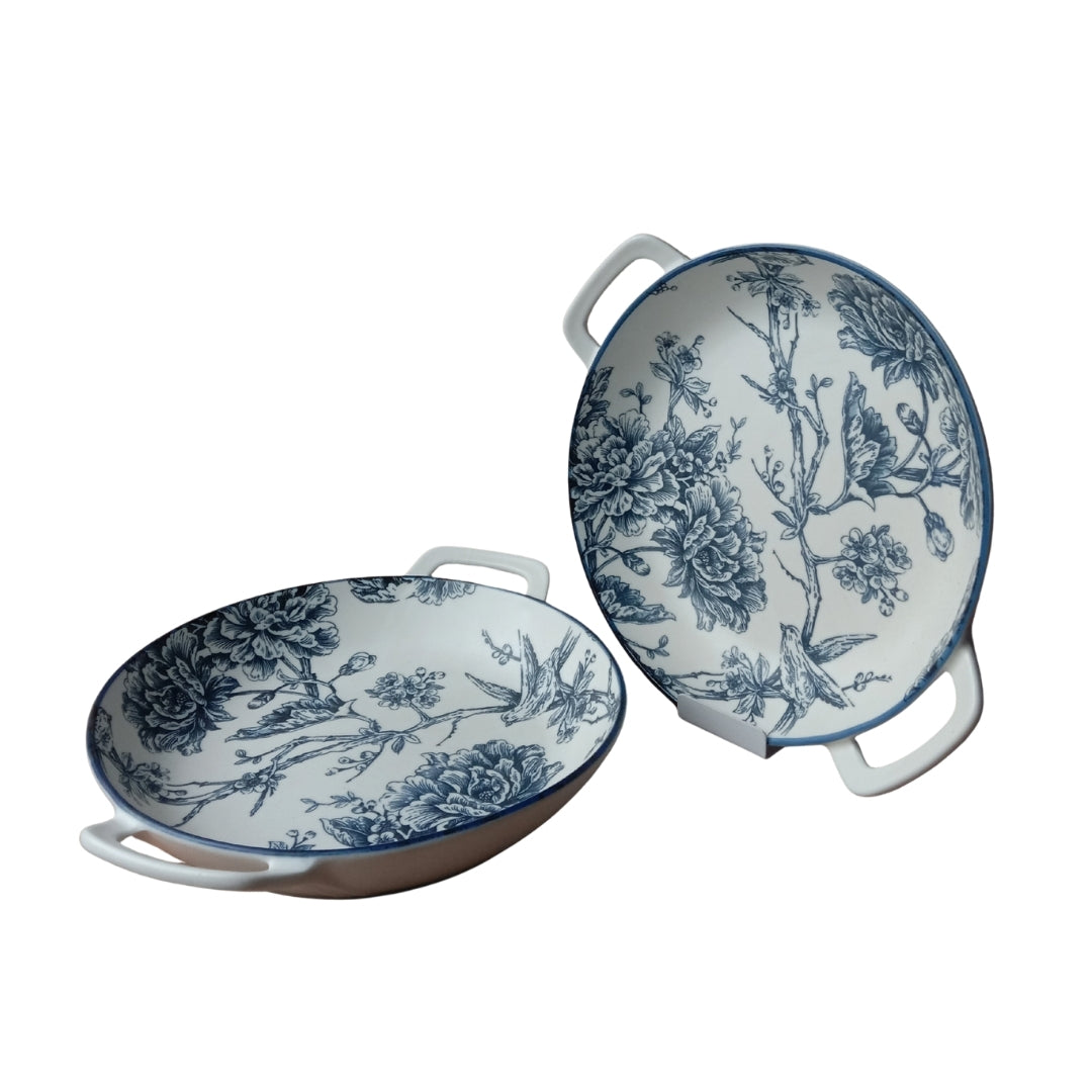 2 Pcs Blue & White Floral Ceramic Platter Set