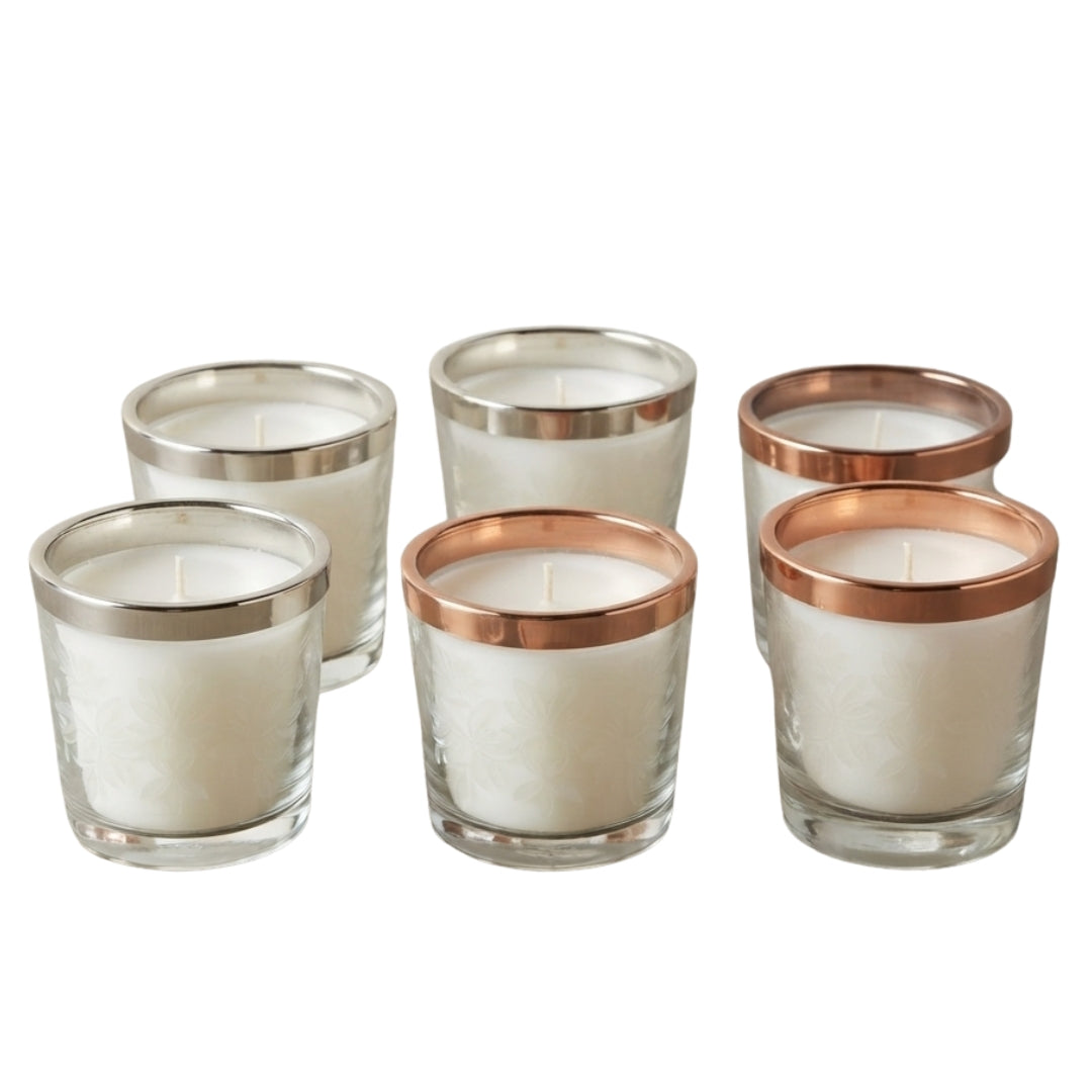 Set of 6 Scented Wax Glass Votives with Metallic 3 pc Silver & 3 pc Copper Rims
