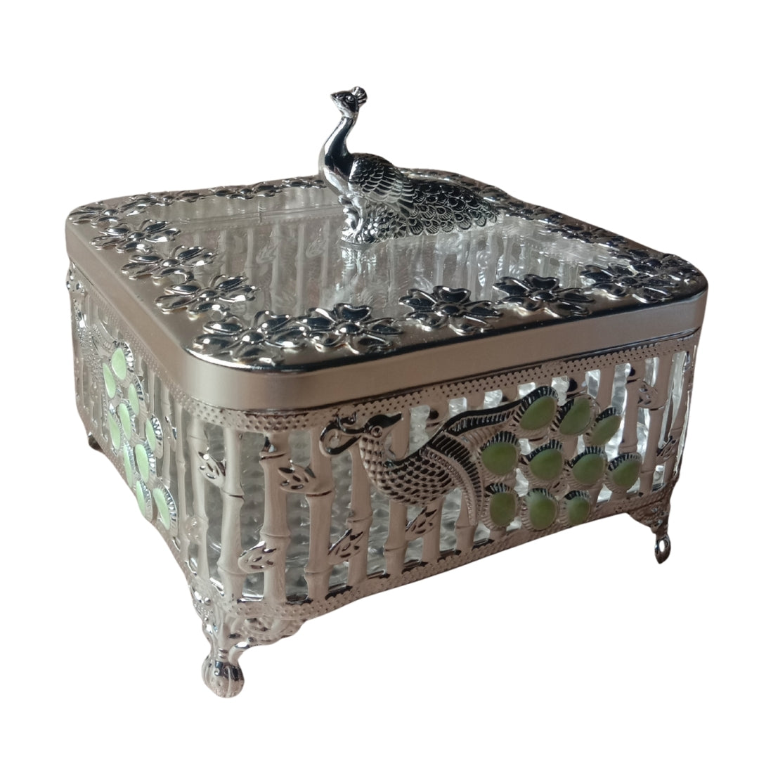 Decorative Silver Peacock Design Square Storage Box with Lid