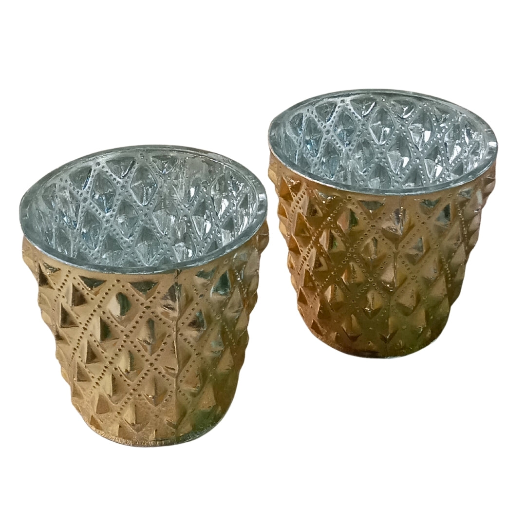 Set of 2 Gold Diamond-Cut Glass Tea Light Votive Holders