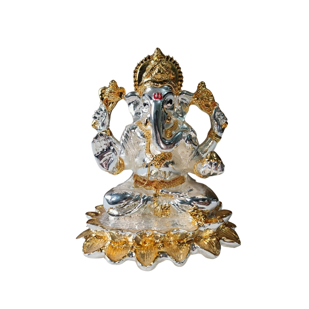The Home Co. Majestic Lord Ganesha Idol | 999 Pure Silver & 24K Gold Plated Ganpati Murti on Lotus | Premium Fiber Vastu Decor & Corporate Gifting