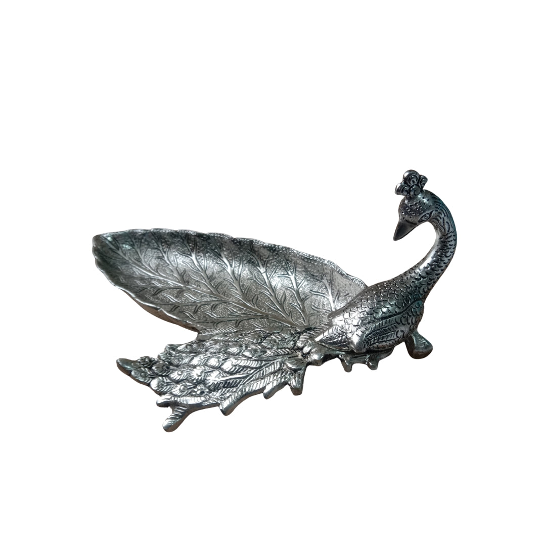 Silver Plated Peacock Design Decorative Tray in Turquoise Velvet Box