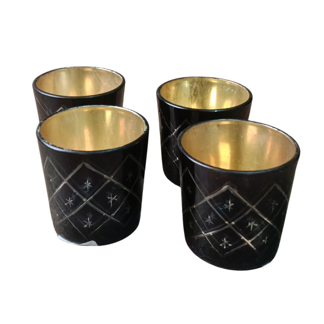 Etched Black Glass Votive Candle Holders - Elegant Small Set of 4