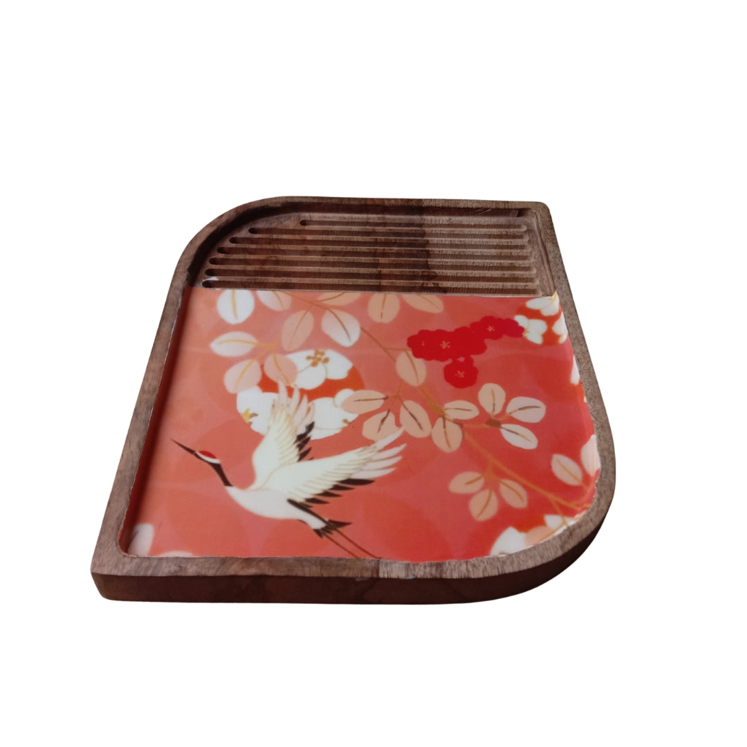 Flamingo Print Enamel & Ribbed Wooden Rectangular Platter