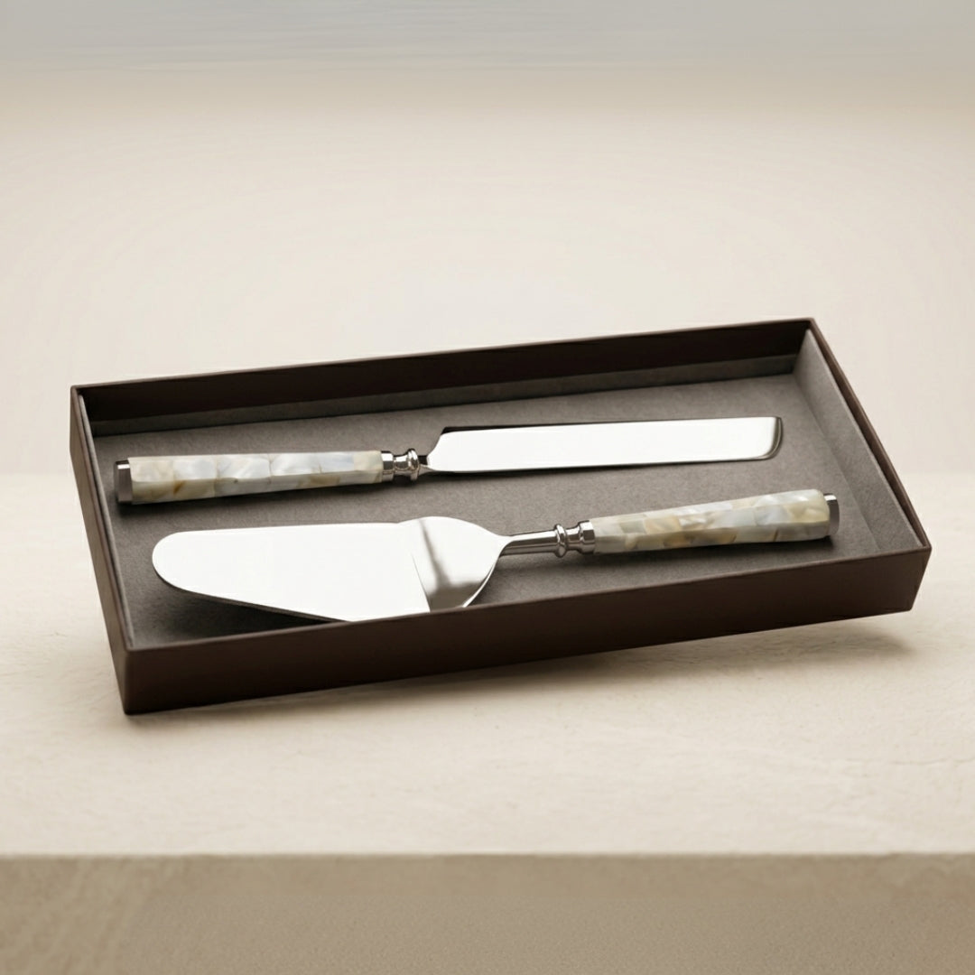 2 Pcs Mother of Pearl Cake Cutter & Server Set with Gift Box
