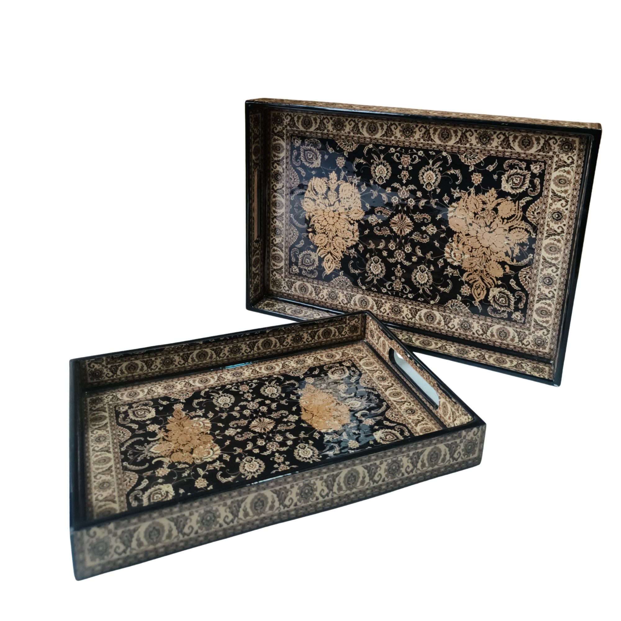 Wooden Black Turkey print & Enamel Tray set of 2