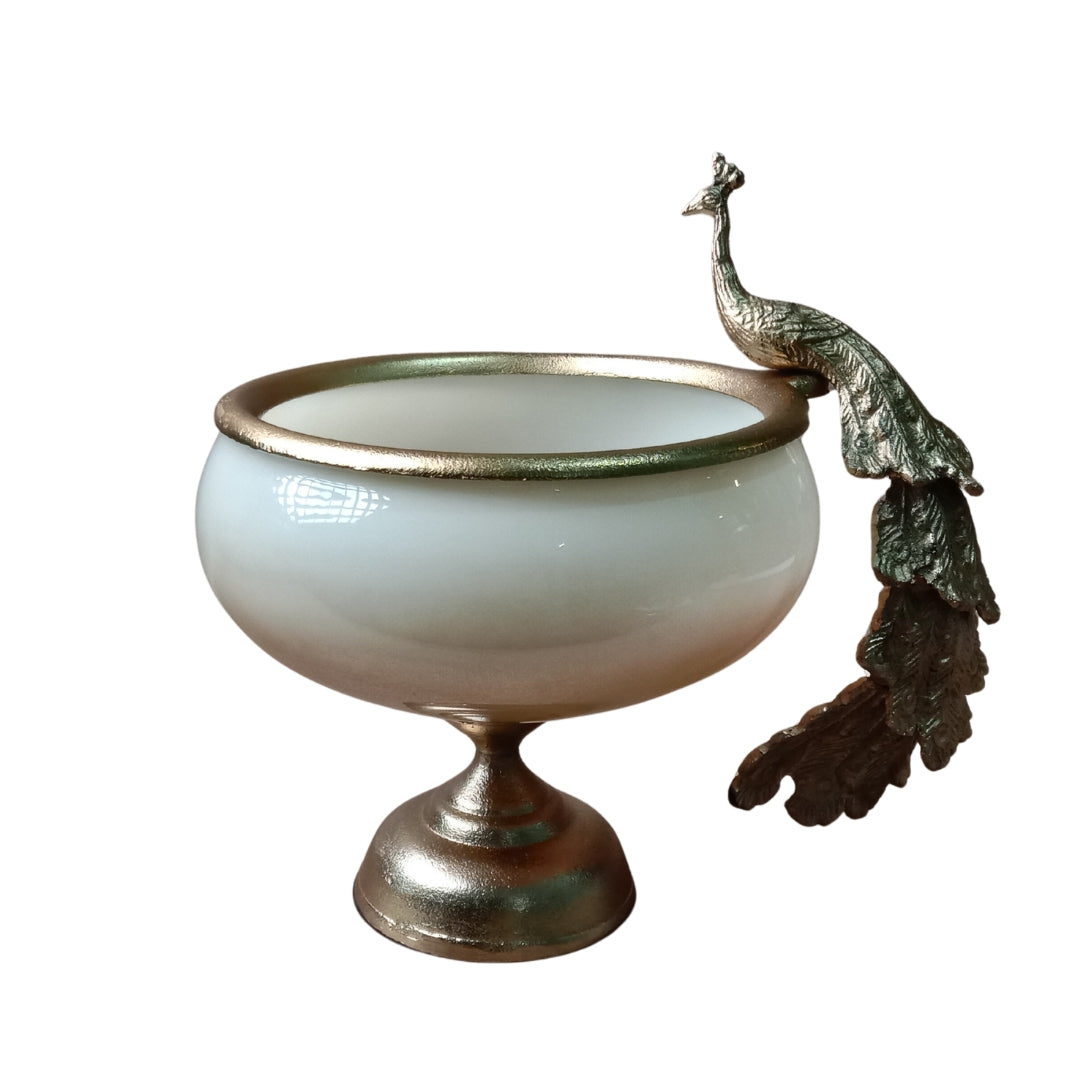 Handcrafted Glass Peacock Bowl with Premium Velvet Gift Box (Silver/Gold Trim)