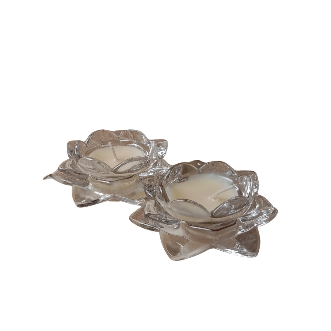 Clear Glass Lotus Candle Holder - Scented Wax Tealight Set (Set of 2)