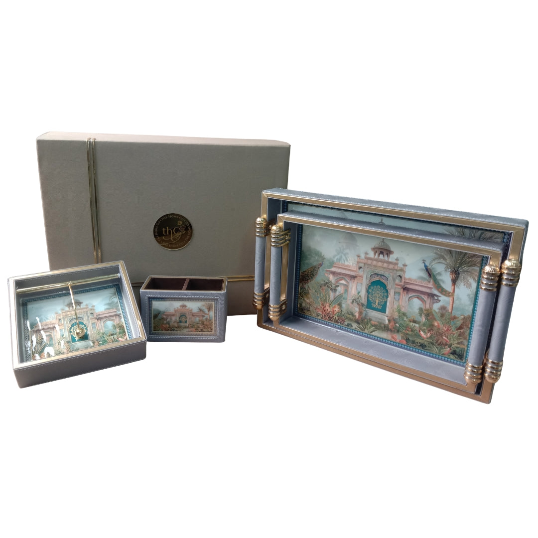 Luxury Peacock Leatherette Serving Tray Set of 2 with Tissue & Cutlery Holder