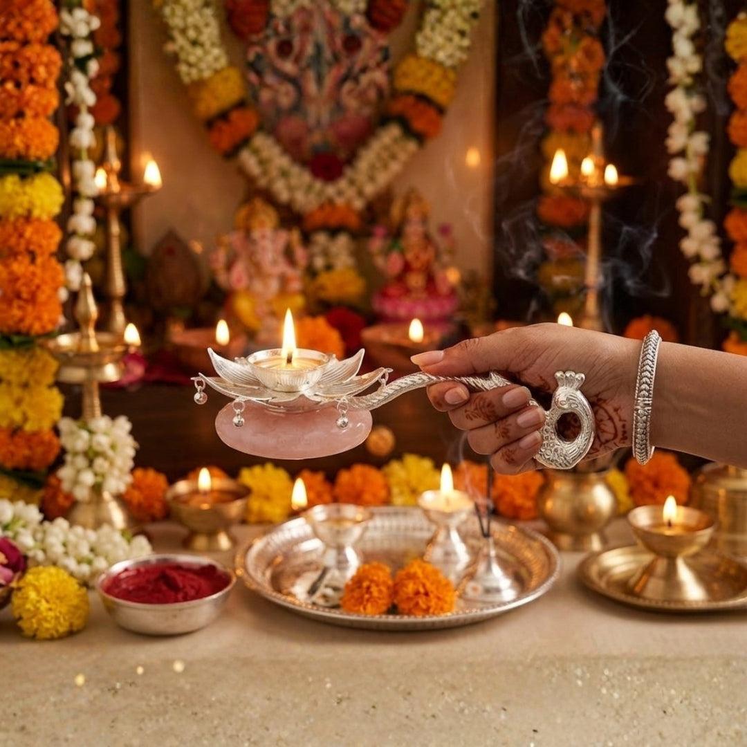 Luxury Silver Plated Lotus Diya with Peacock Handle & Pink Quartz Base