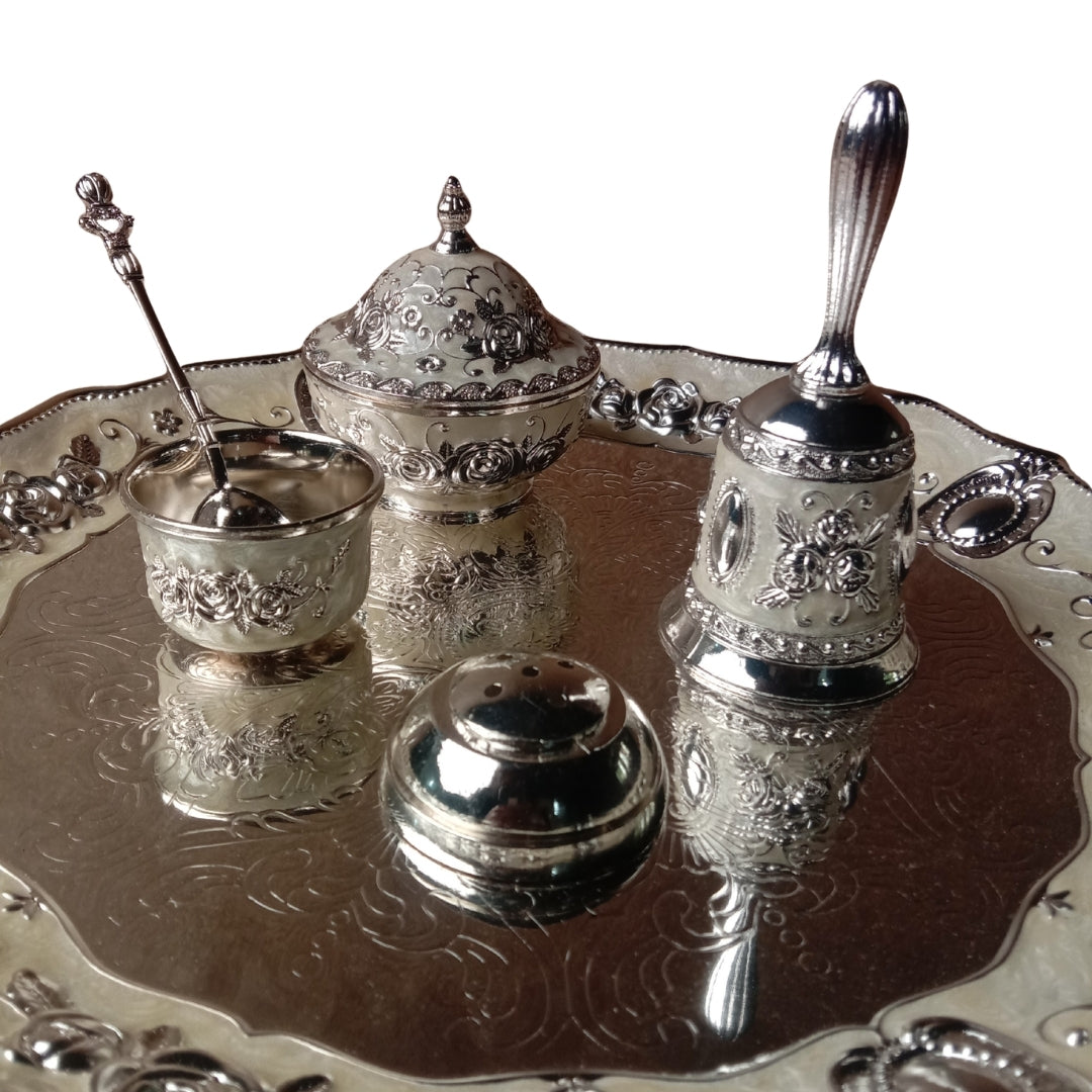 Silver-Plated Floral Design Pooja Thali Set