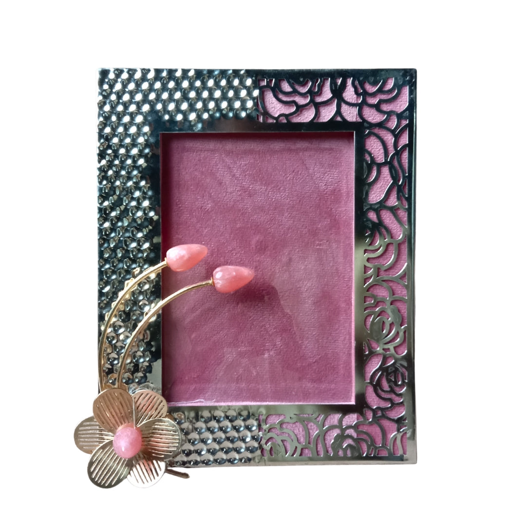 Silver Plated Hammered Photo Frame with Lotus Bud Accent | Premium Luxury Gift Box