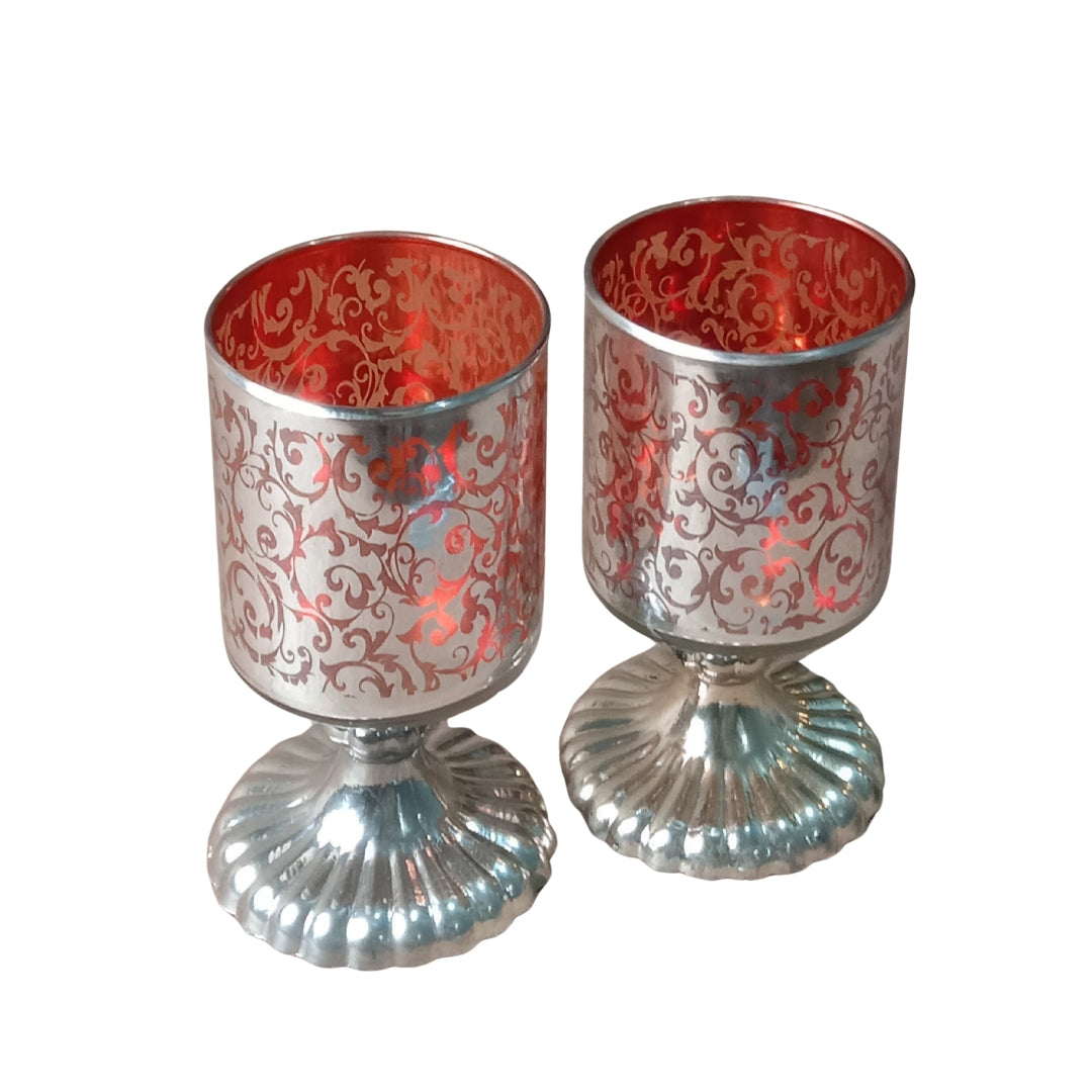 Set of 2 Orange Etched Glass Votive Tea Light Holders