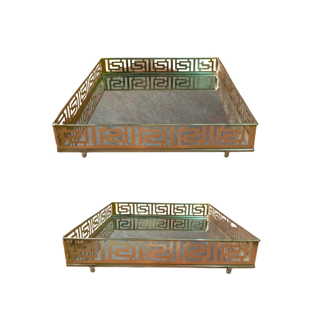 Gold Mirrored Square Tray with Greek Key Pattern