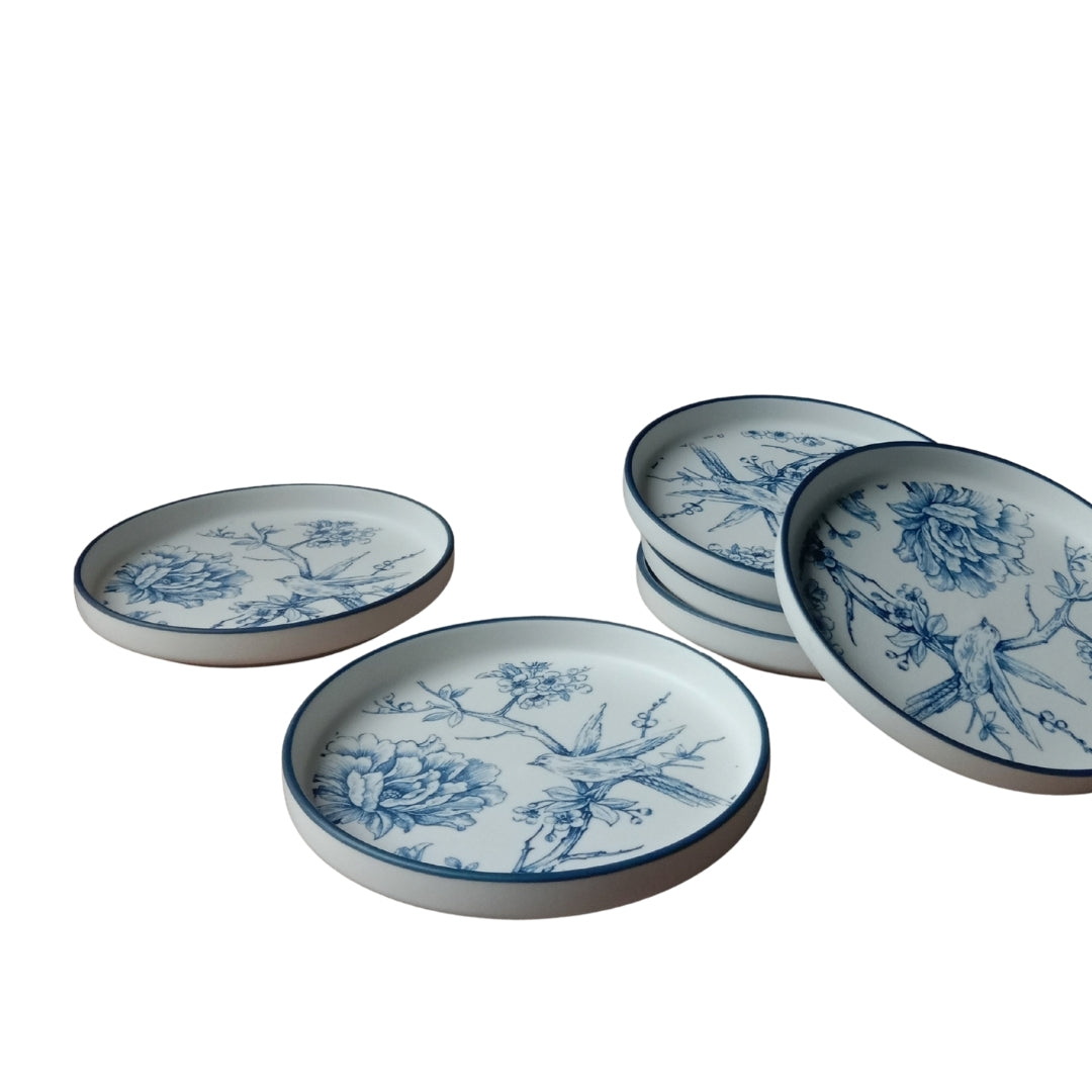 6 Psc Blue & White Floral Ceramic Round Platter Set