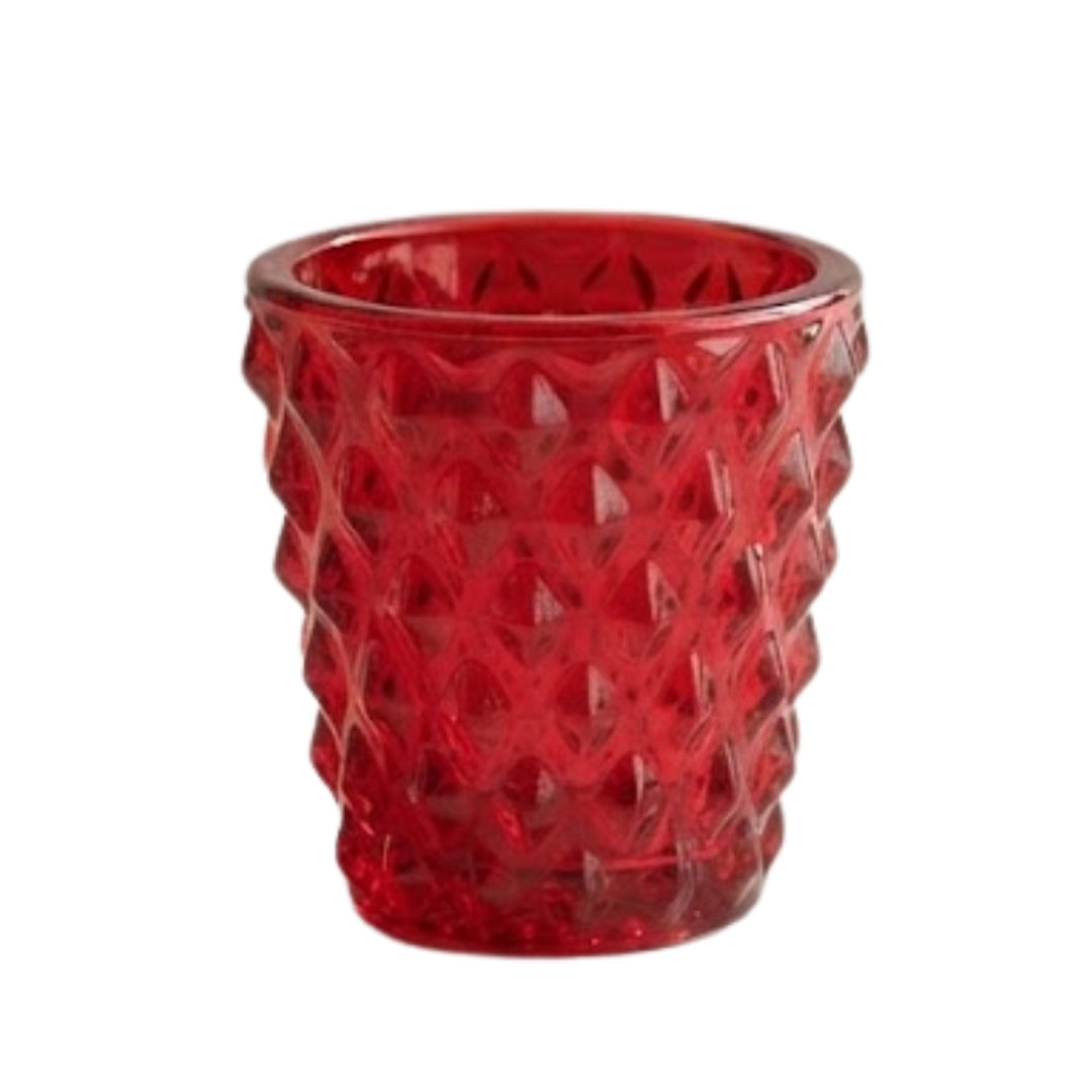 Red Diamond-Cut Glass Tea Light Votive Holder-SINGLE PC