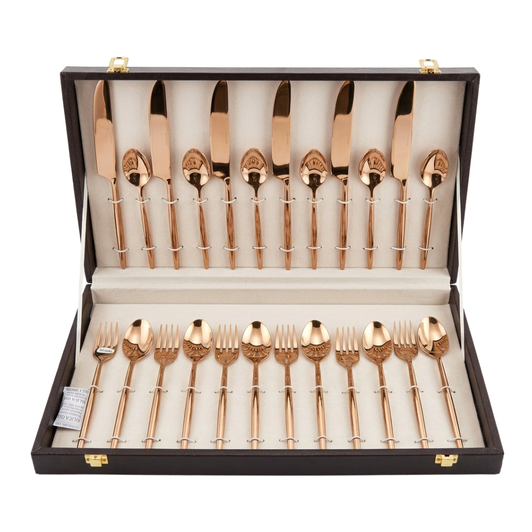 24 Pcs Premium Gold Stainless Steel Cutlery Set with Leather Gift Box
