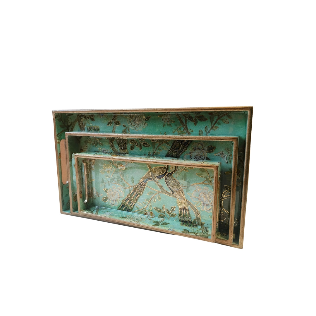 Green Peacock Design Enamel Tray(Tray Set of 3)