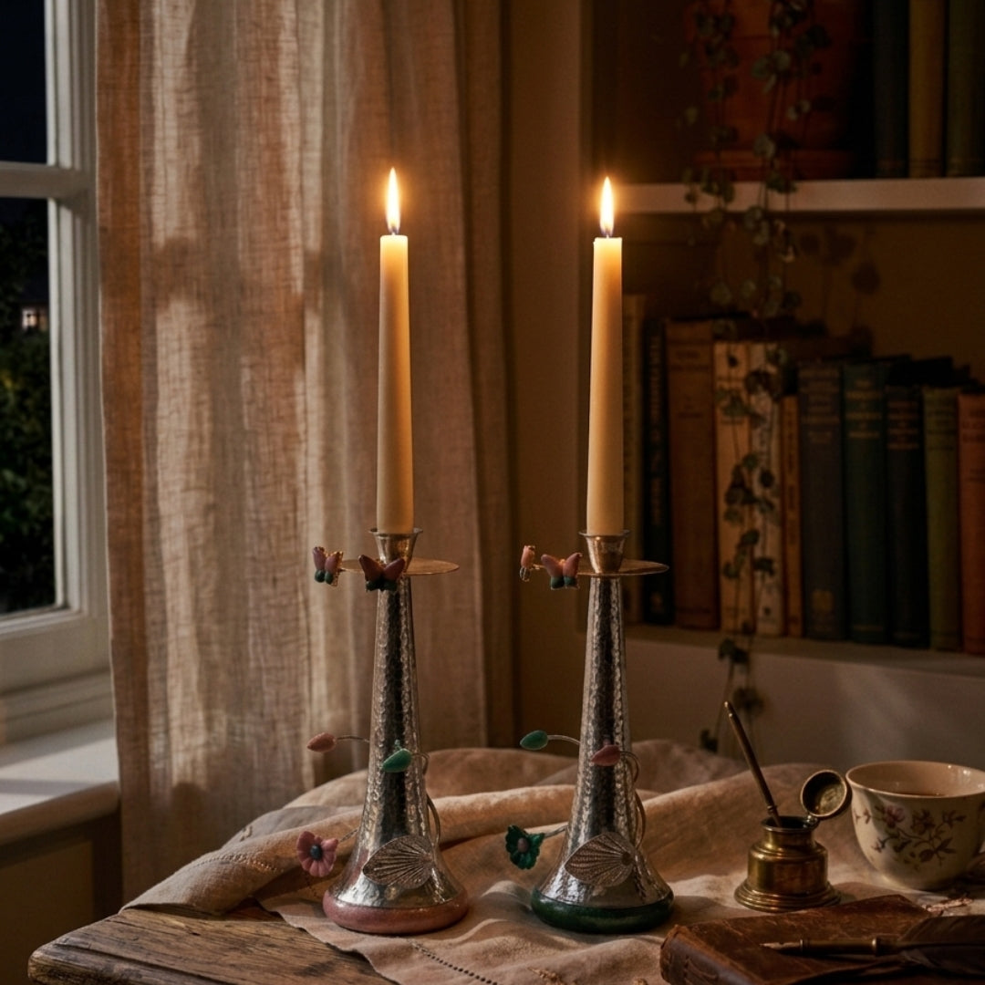 Hammered Silver-Plated Candle Stands with Floral Resin Base (Set of 2)