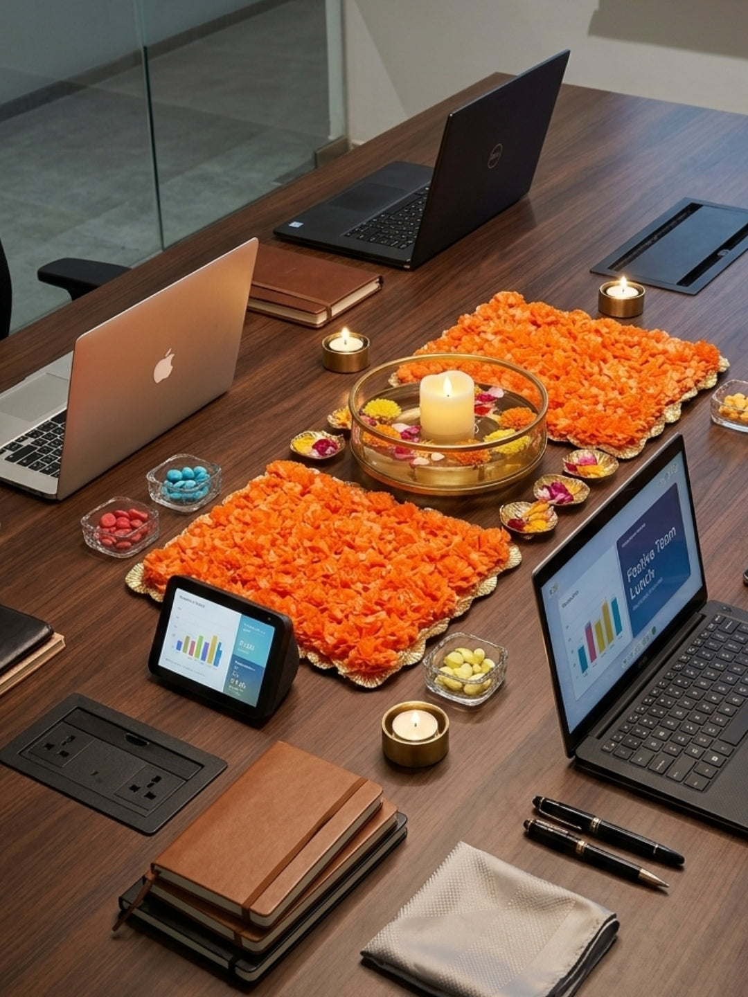 Artifical Orange marigold Mats / rangolis - Rectangle Set of 4