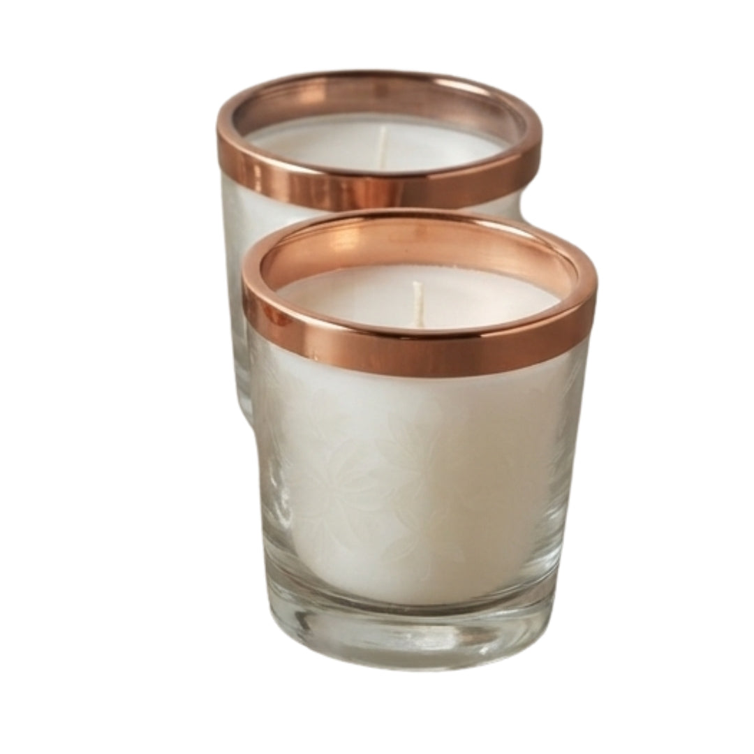 Set of 2 Scented Wax Glass Votives with Metallic Copper Rims