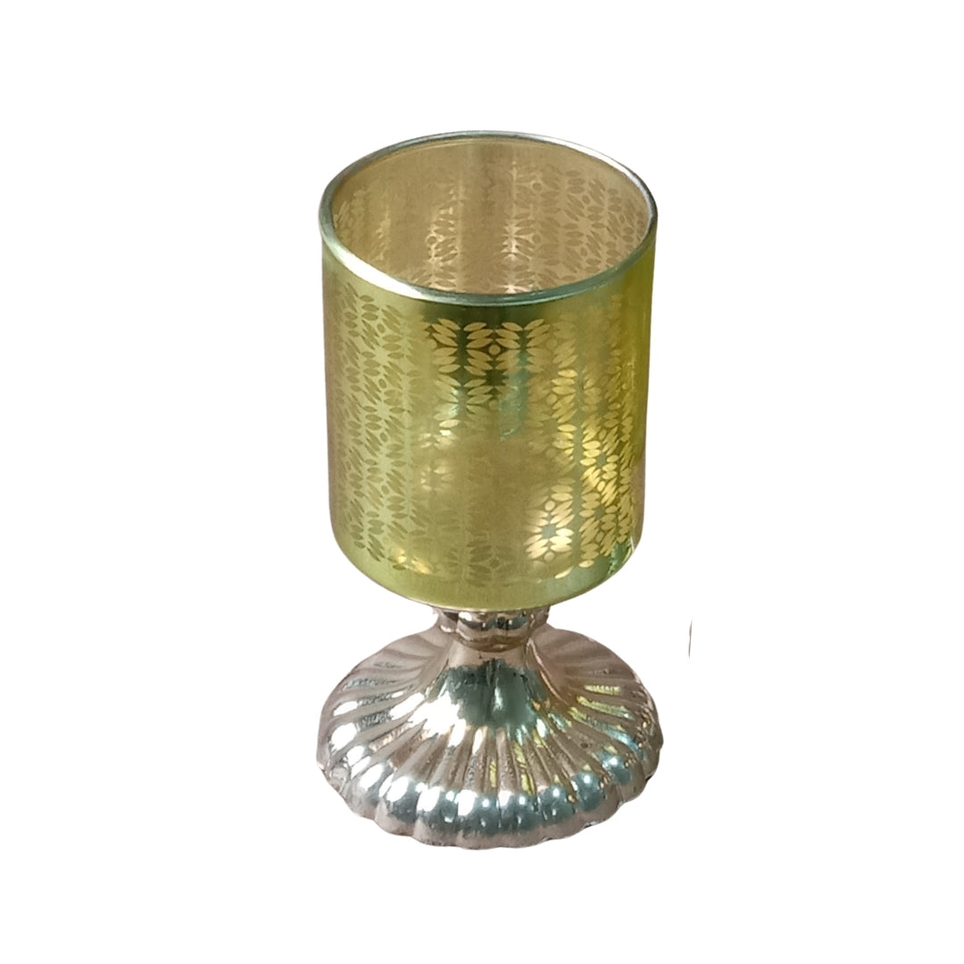 Green Leaf-Etched Glass Pedestal Tea Light Holders - single pc