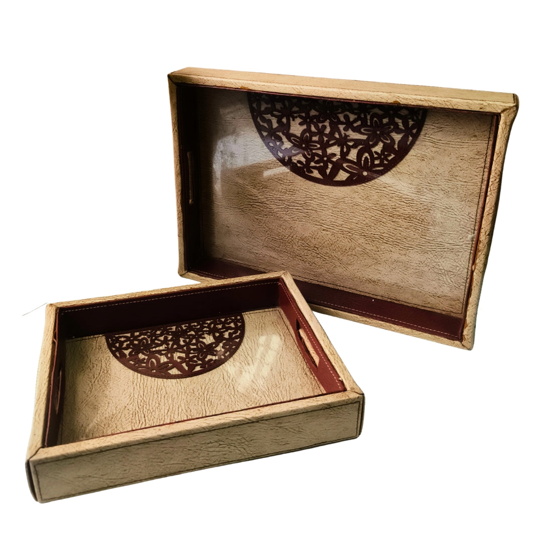 Brown Rectangle Leather Tray set of 2