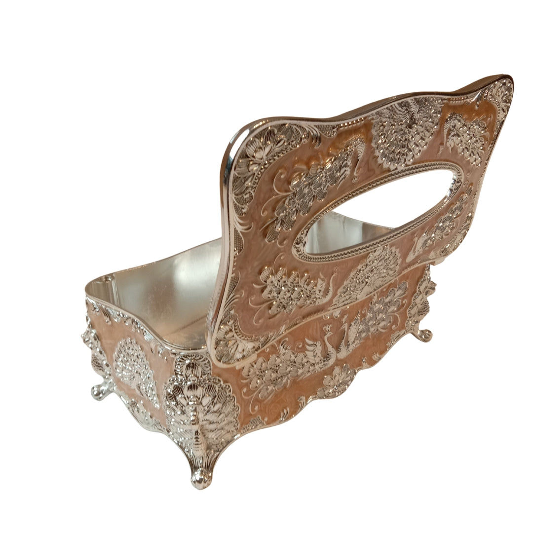 Tissuebox-white metal with peach enamel peacock design