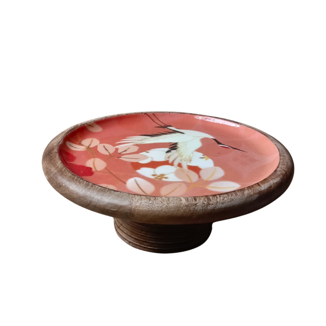Flamingo Print Enamel & Wooden Cake Stand