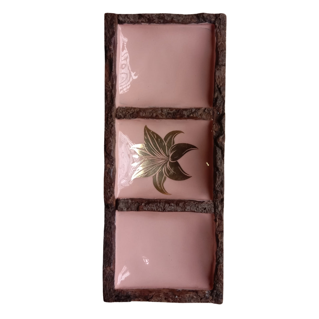 Peach Enamel Wooden 3-Section Dip & Nut Platter with Tulip Foil Print
