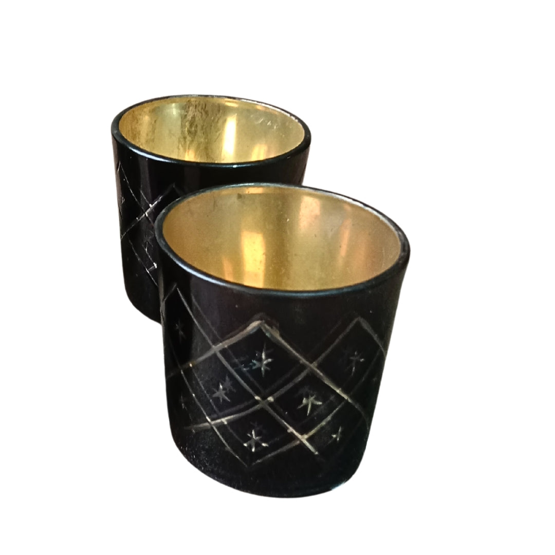 Etched Black Glass Votive Candle Holders - Elegant Set of 2