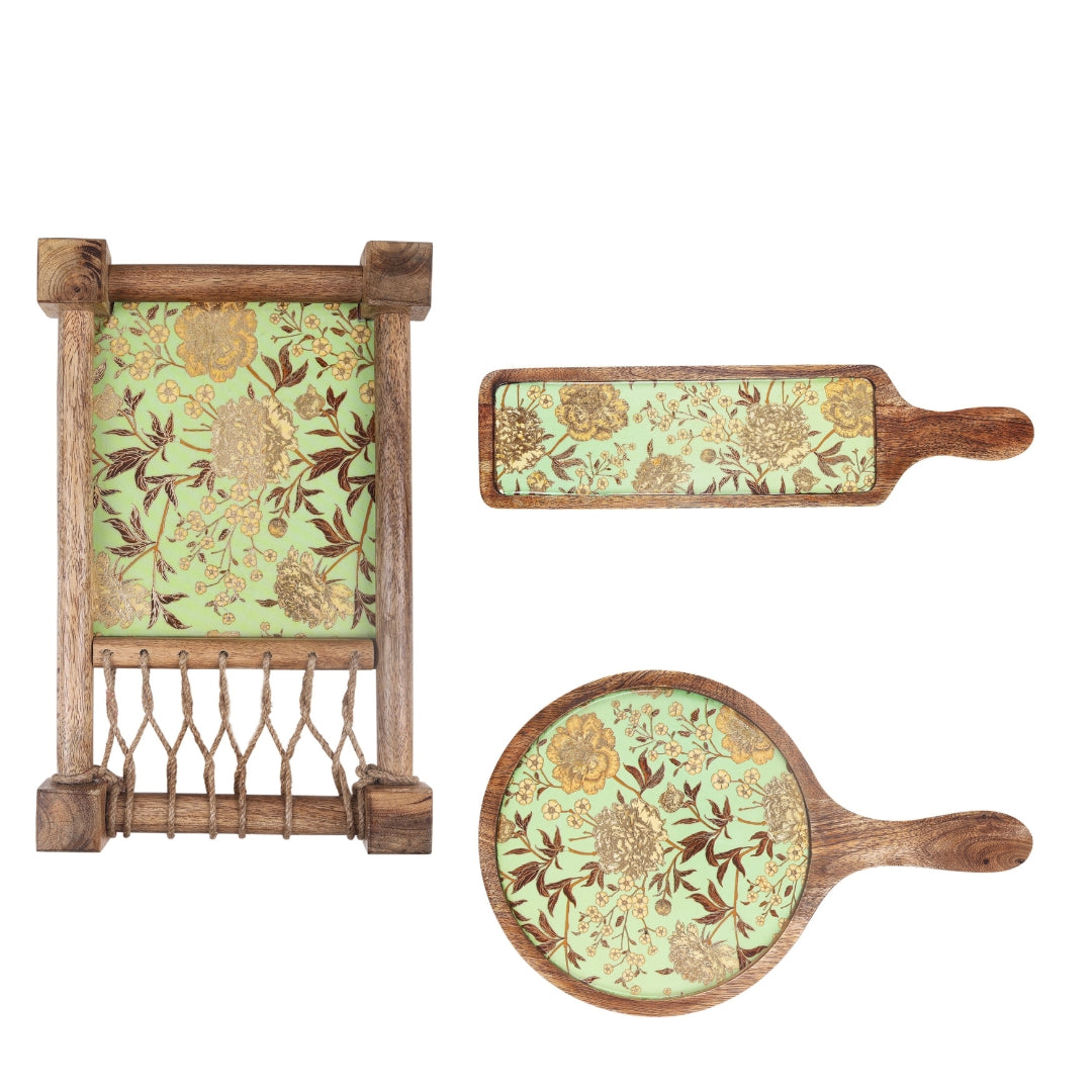 green flower print & enameled Wooden Khatiya Platter Set of 3 - khatiya platter , pizza platter , bat platter