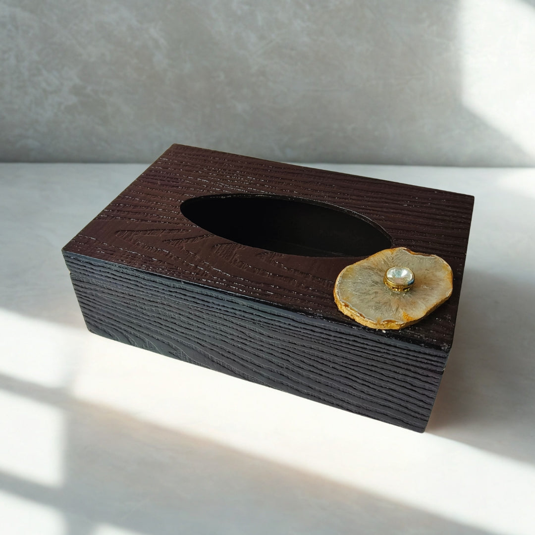 Tissue Box - Wooden Walnut Finish With Agate Stone