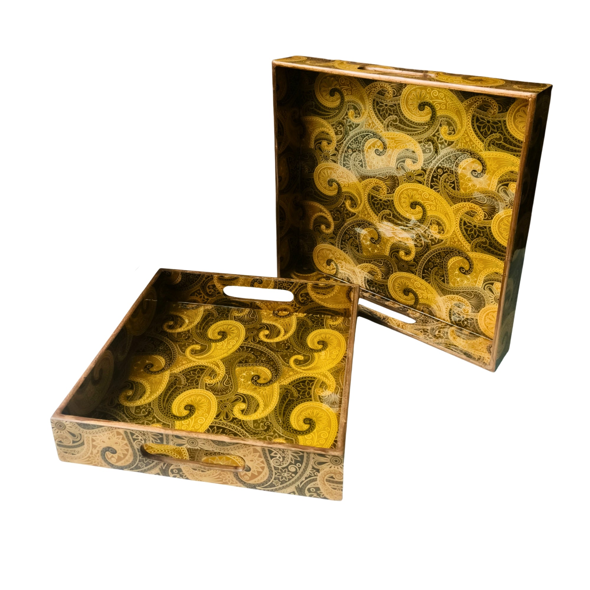 Rectangle wooden Gold Keri Embossy Design Enamel Tray set of 2