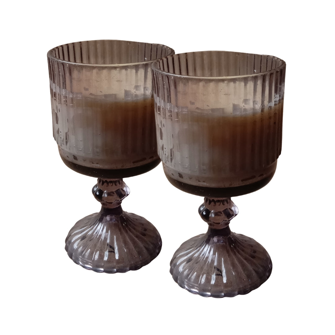 Set of 2 Large Grey Ribbed Glass Pedestal Scented Candles