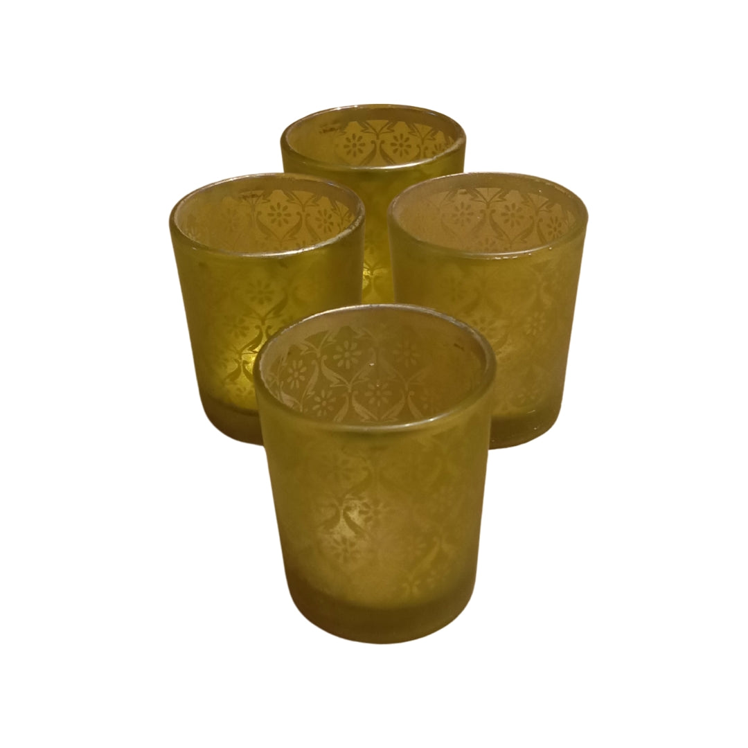 Mughal-Etched Gold Glass Votive Candle Holders - Set of 4 Elegant Votives