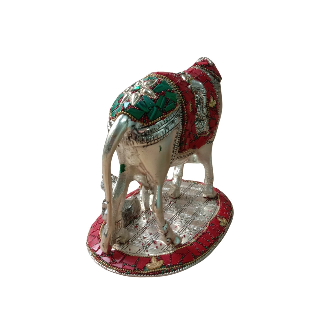 Silver Plated Kamdhenu Cow and Calf Idol in Turquoise Velvet Box for Gifting