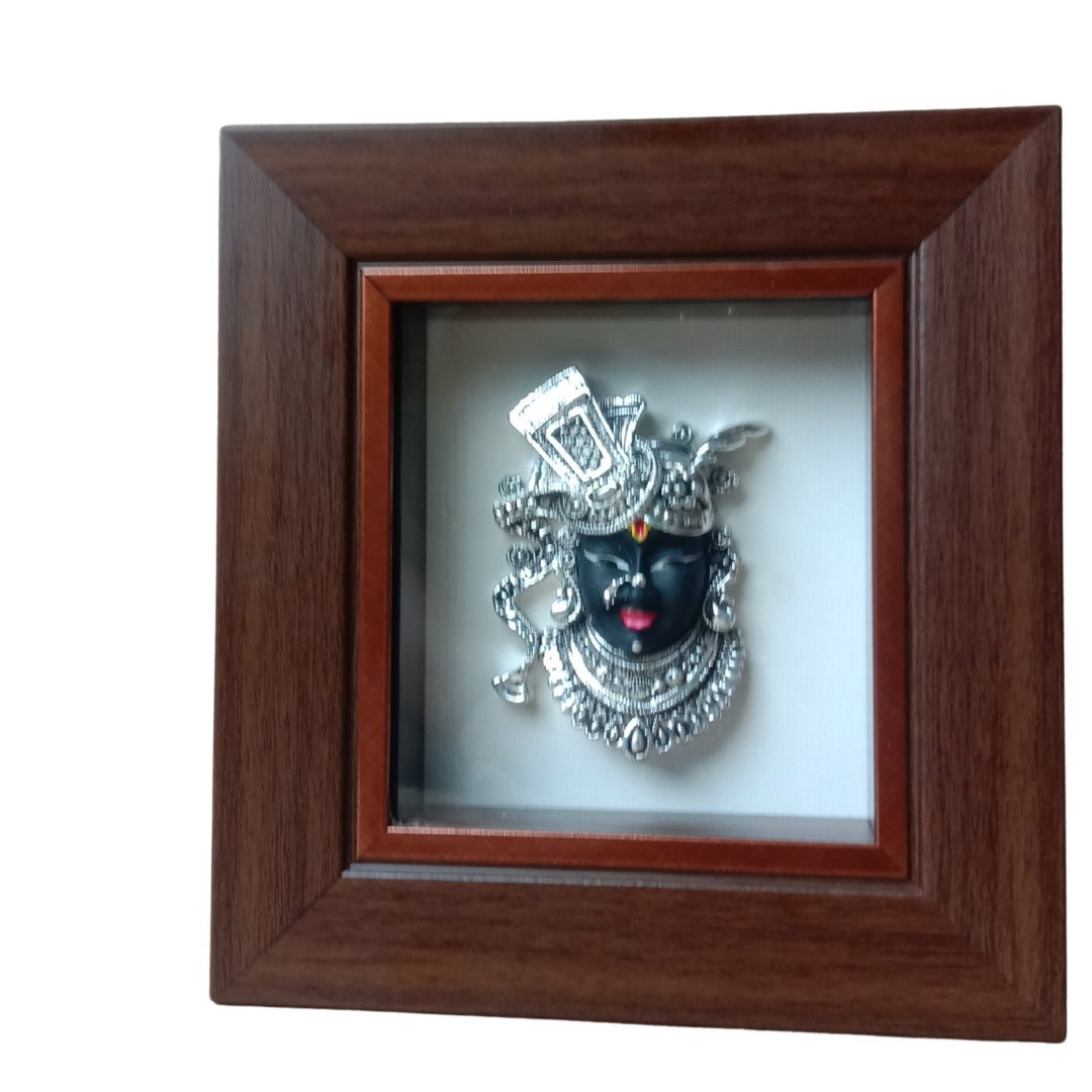 999 Pure Silver Plated Shrinathji Frame | Mukhravind Lord Krishna Idol Black Face Decor